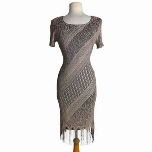 Vintage 90s Gold Sheen Crochet Lace Fringe Flapper Dress Pointelle Mesh Small
